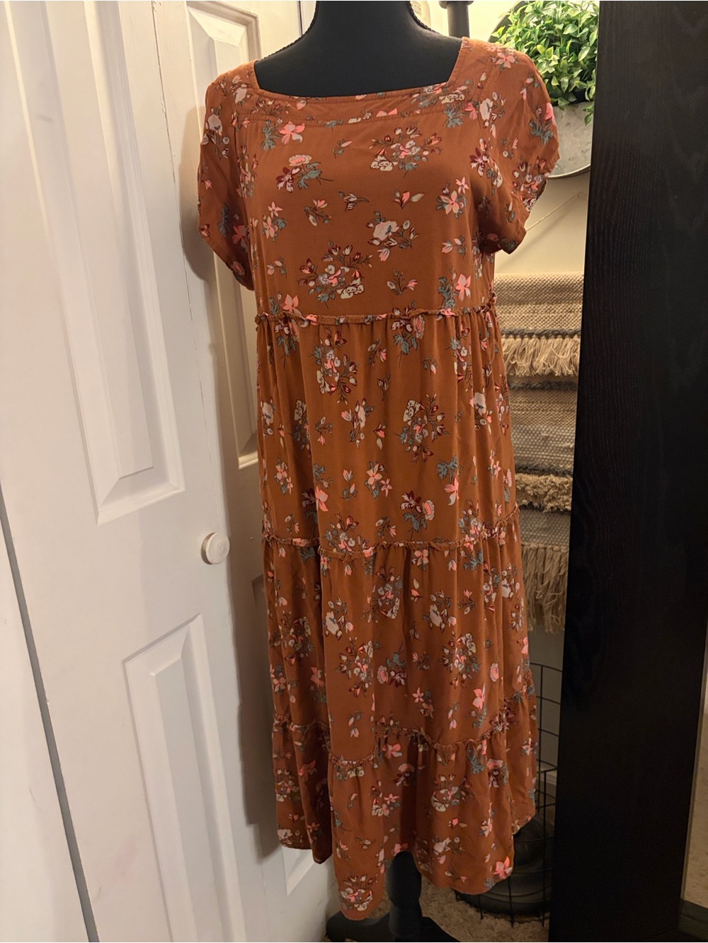 NATURAL LIFE Rust-Brown Floral Midi Dress with Tiered Skirt